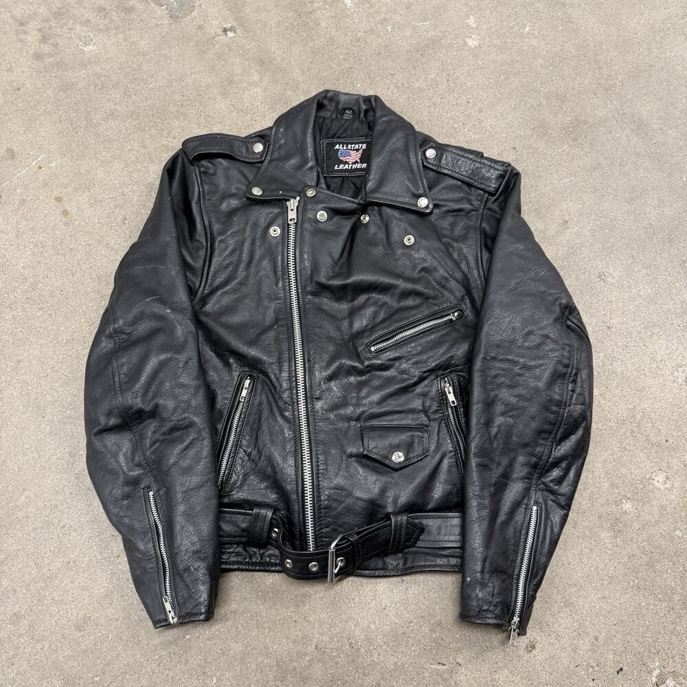 VINTAGE GENUINE LEATHER MOTORCYCLE BIKER MOTO JACKET BLACK MENS 42/LARGE USA
